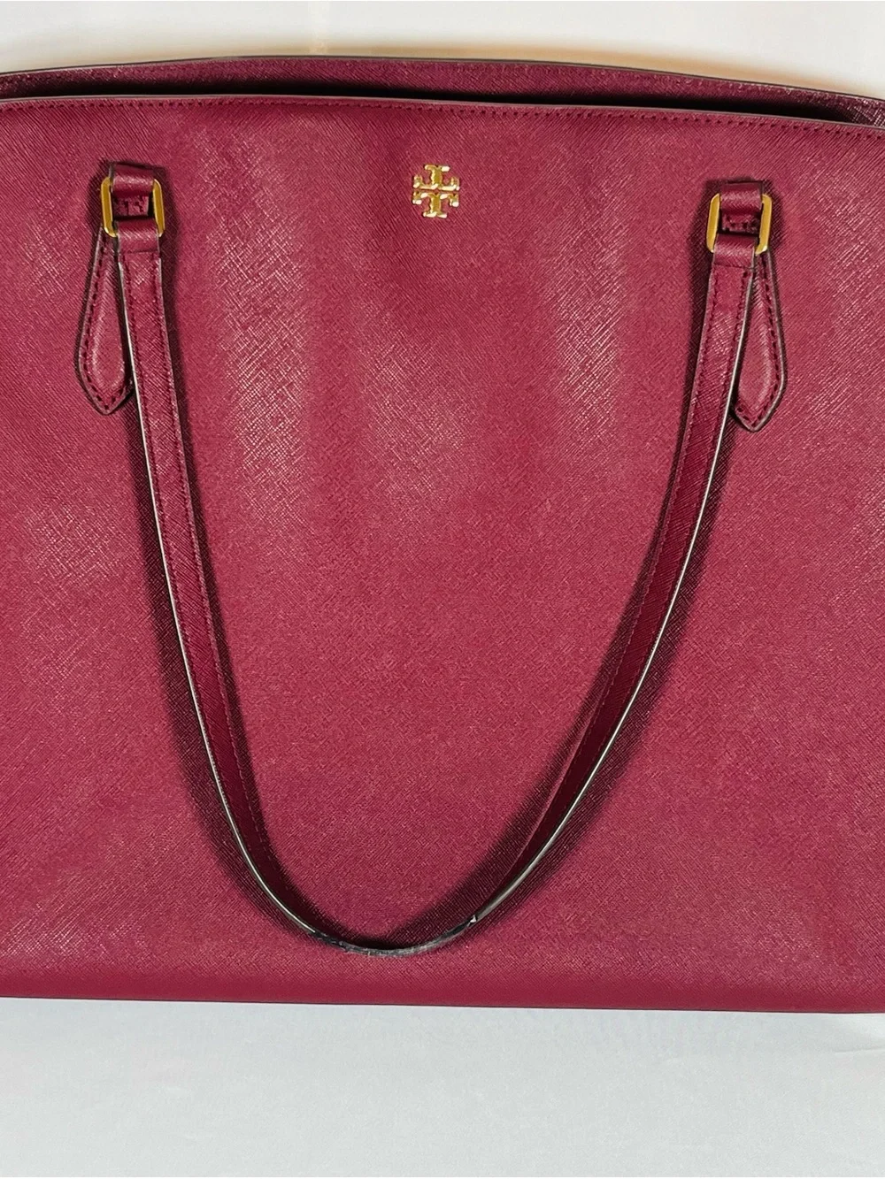 Tory Burch Wine Saffiano Leather Laptop Tote with Gold Hardware